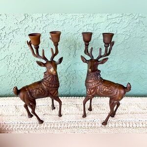 Bronze Decorative Reindeer Candlestick Holders - Pair of Two
